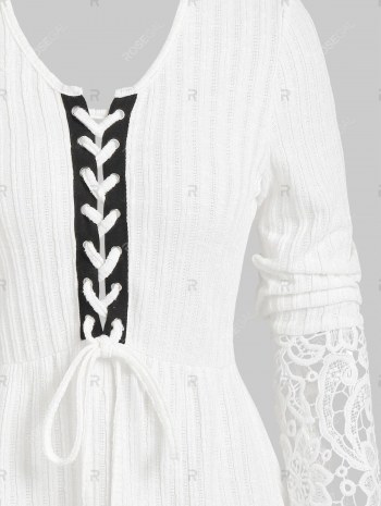 Lacing Ribbed Lace Panel Knitted Top