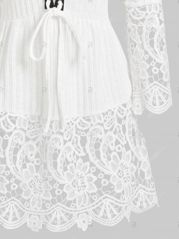 Lacing Ribbed Lace Panel Knitted Top