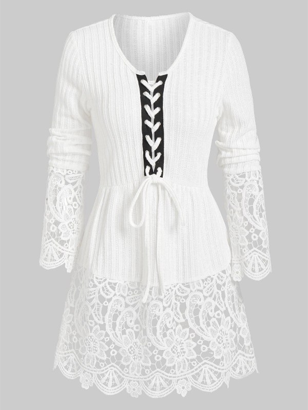 Lacing Ribbed Lace Panel Knitted Top