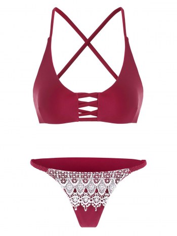 Lattice Cut Lace Overlay Spaghetti Strap Bikini