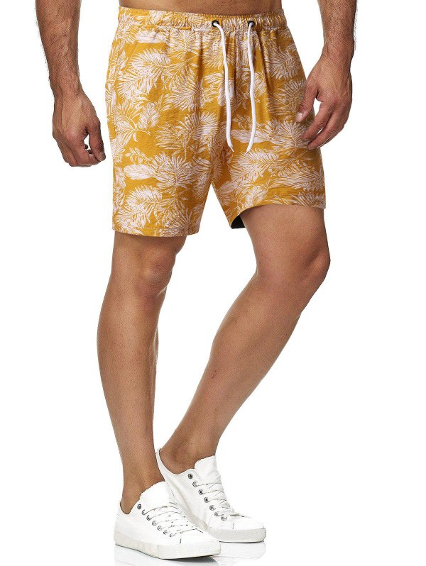 Leaf Print Drawstring Beach Shorts