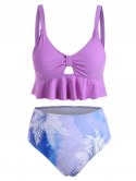 Leaves Tie Dye Ruffles Tankini Swimwear