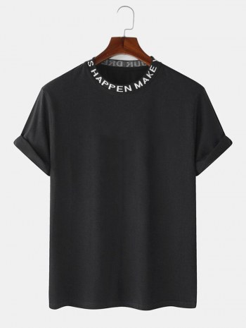Letter Print Ribbed Collar Casual T-shirt