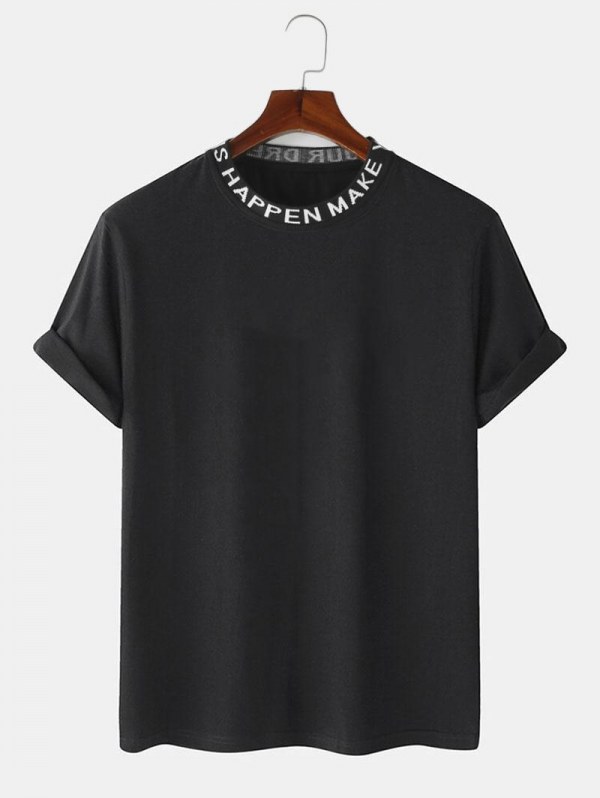 Letter Print Ribbed Collar Casual T-shirt