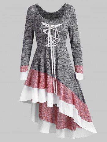 Marled Colorblock Lace Up Oblique Dress