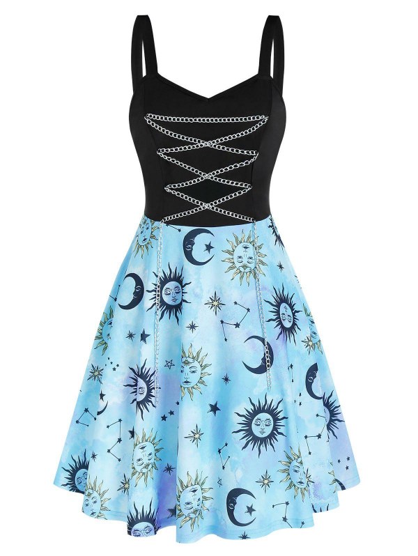 Metal Chain Starry Print Mini Cami Dress