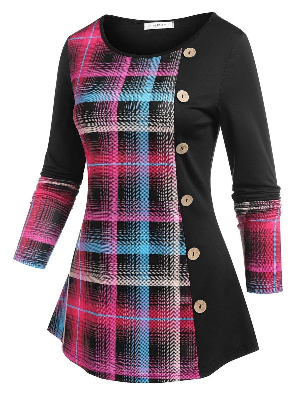 Mock Button Plaid T-shirt