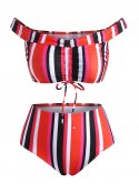 Off Shoulder Colorful Striped Cinched Ruched Bikini Swimwear
