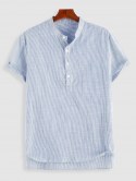 Pinstripe Print Half Button Short Sleeve Office Shirt