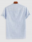 Pinstripe Print Half Button Short Sleeve Office Shirt