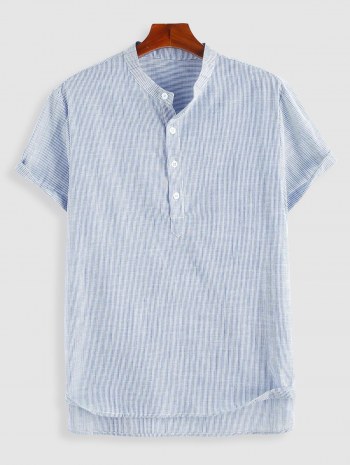 Pinstripe Print Half Button Short Sleeve Office Shirt