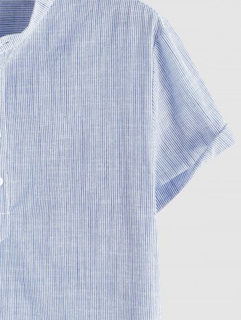 Pinstripe Print Half Button Short Sleeve Office Shirt