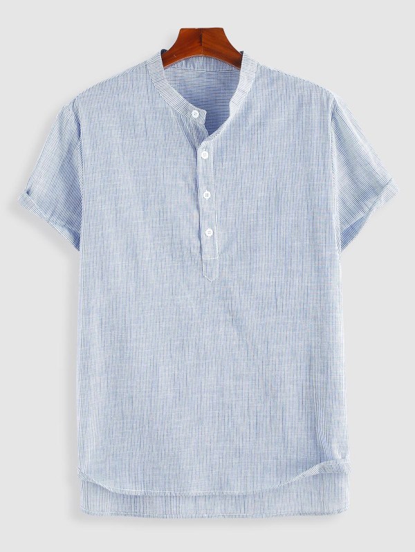 Pinstripe Print Half Button Short Sleeve Office Shirt