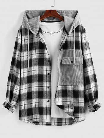 Plaid Corduroy Patchwork Hooded Shirt