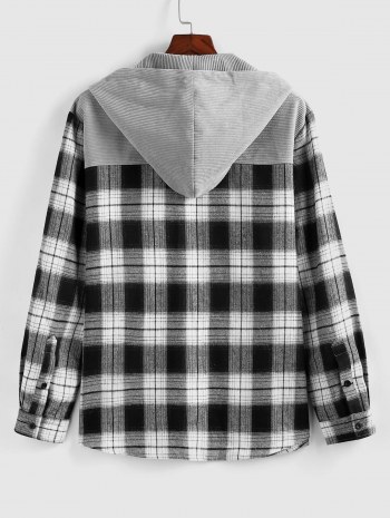 Plaid Corduroy Patchwork Hooded Shirt
