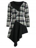 Plaid Insert Asymmetric Longline T Shirt