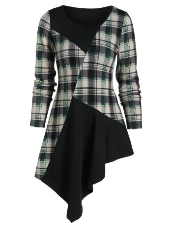 Plaid Insert Asymmetric Longline T Shirt