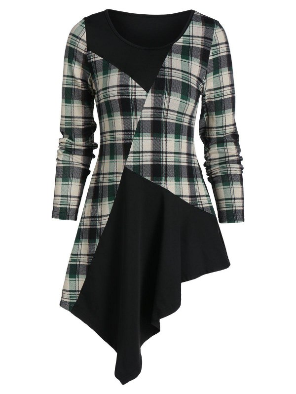 Plaid Insert Asymmetric Longline T Shirt