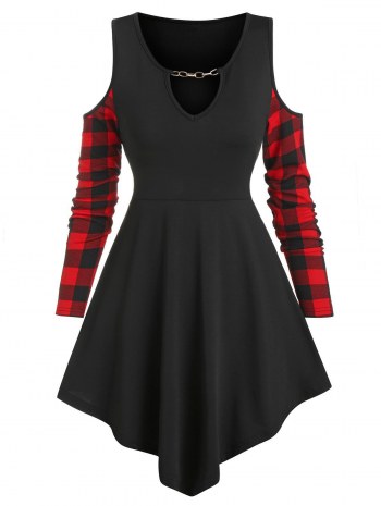 Plaid Print Cold Shoulder Chain Detail T-shirt