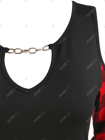 Plaid Print Cold Shoulder Chain Detail T-shirt