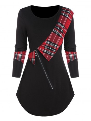 Plaid Ruffle Zipped T Shirt