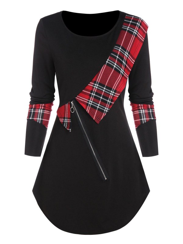 Plaid Ruffle Zipped T Shirt