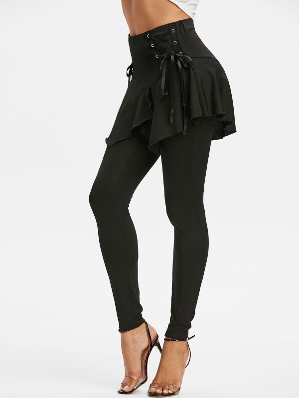 Plain Lace Up Asymmetrical Skirted Leggings