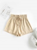 Pockets Solid Tie Waist Paperbag Shorts
