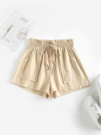 Pockets Solid Tie Waist Paperbag Shorts