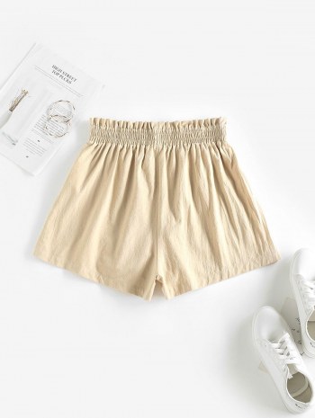 Pockets Solid Tie Waist Paperbag Shorts