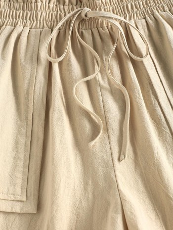 Pockets Solid Tie Waist Paperbag Shorts