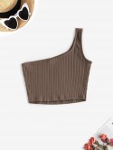 Rib Knit One Shoulder Crop Tank Top