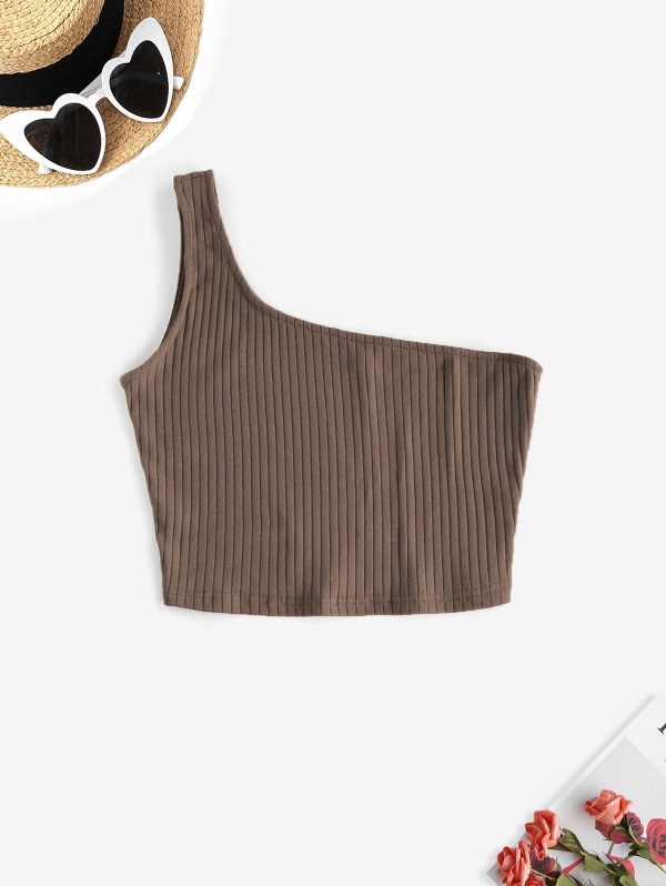 Rib Knit One Shoulder Crop Tank Top