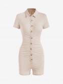 Rib-knit Ruched Button Down Shirt Romper