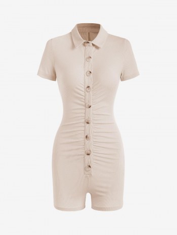 Rib-knit Ruched Button Down Shirt Romper