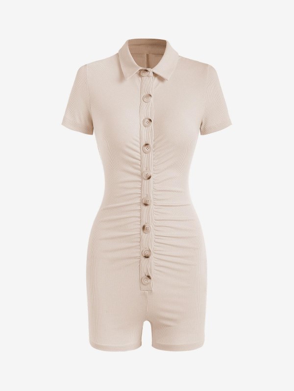 Rib-knit Ruched Button Down Shirt Romper