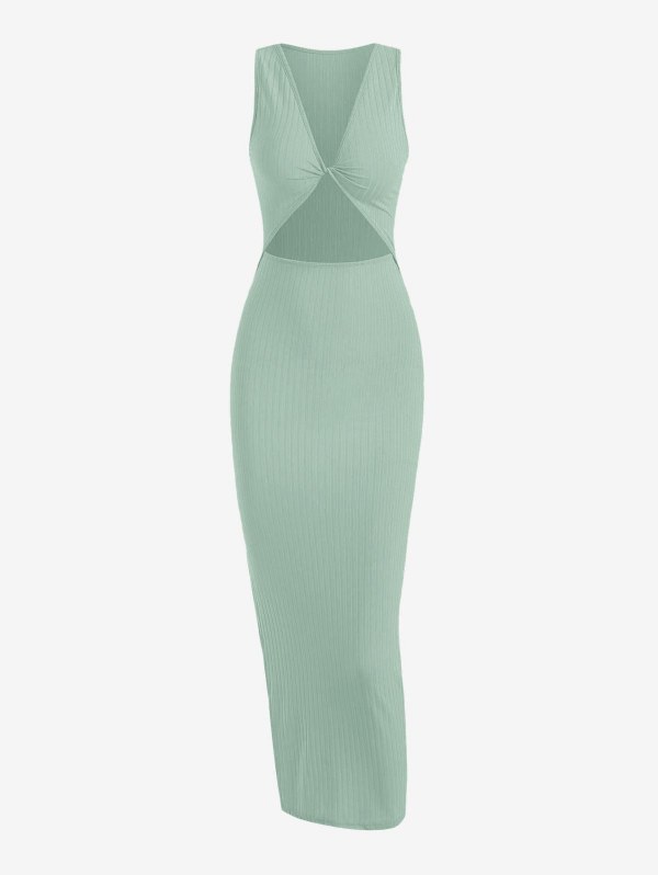 Rib-knit Twist Cutout Split Side Slinky Tank Dress