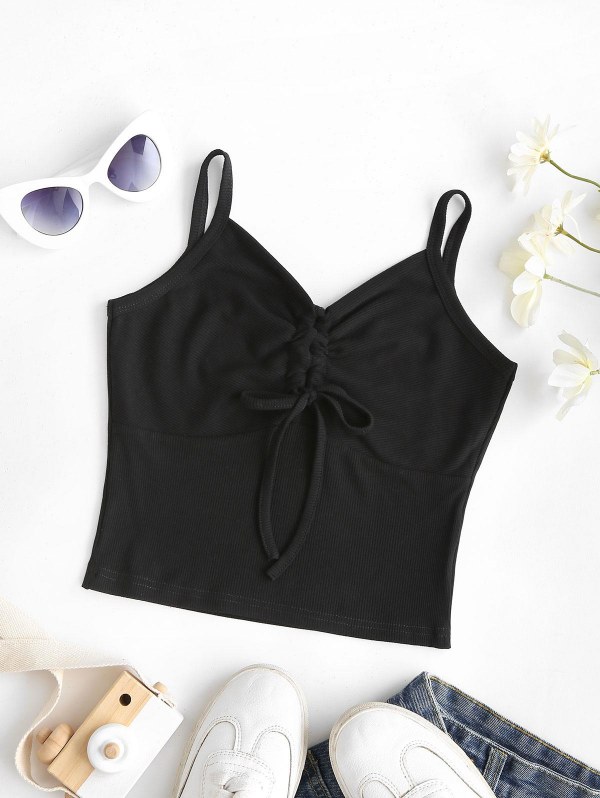 Ribbed Cropped Cinched Front Cami Top