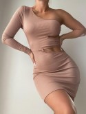 Ribbed Cutout One Shoulder Ring Dress