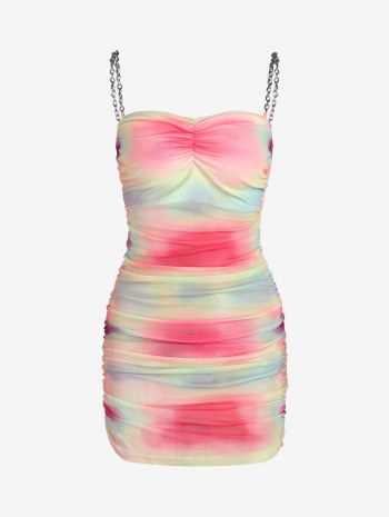 Ruched Chains Tie Dye Mesh Slinky Dress