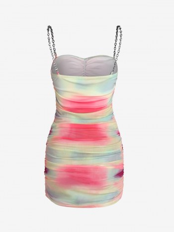Ruched Chains Tie Dye Mesh Slinky Dress