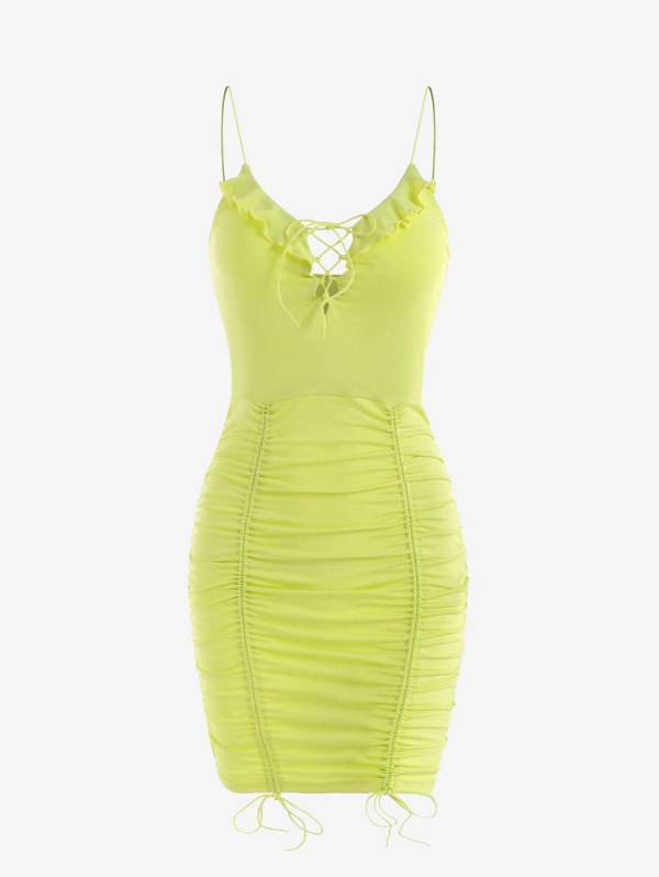 Ruffle Lace Up Cinched Slinky Dress