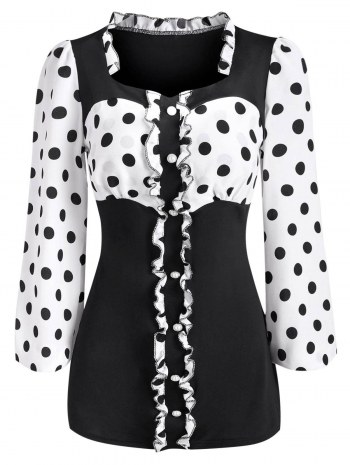 Ruffle Polka Dot Mock Button T Shirt