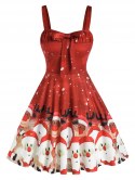 Santa Elk Pattern Bowknot A Line Dress