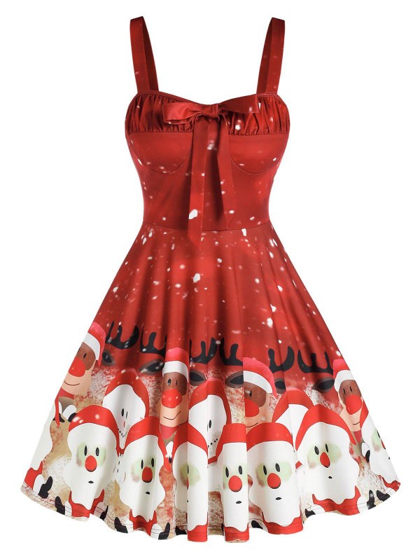 Santa Elk Pattern Bowknot A Line Dress
