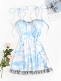 Shoulder Tie Cloud Print Lace Trim Mini Dress