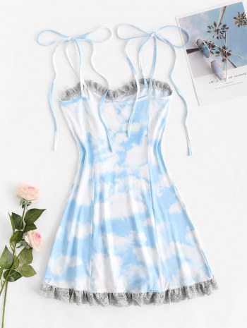 Shoulder Tie Cloud Print Lace Trim Mini Dress