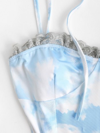 Shoulder Tie Cloud Print Lace Trim Mini Dress