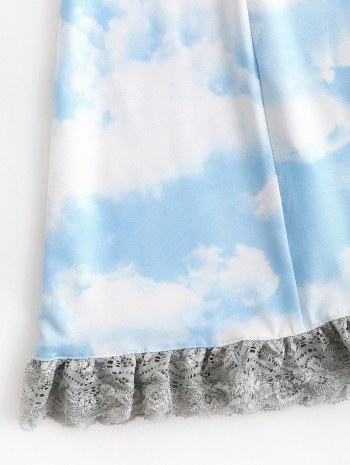 Shoulder Tie Cloud Print Lace Trim Mini Dress