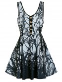 Sleeveless Tree Print Lace-up Mini Dress